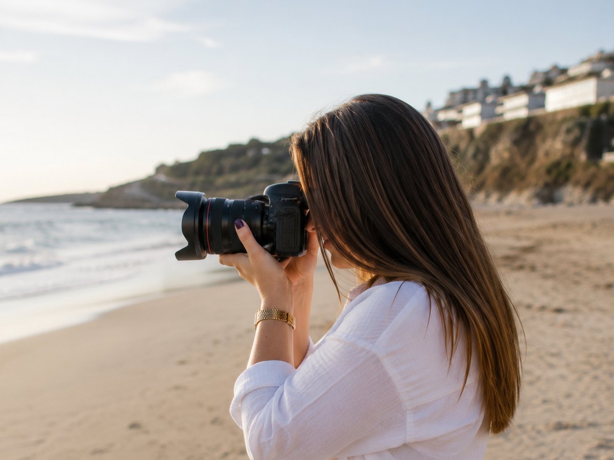 Marion en plein shooting sur la plage, appareil photo à la main
